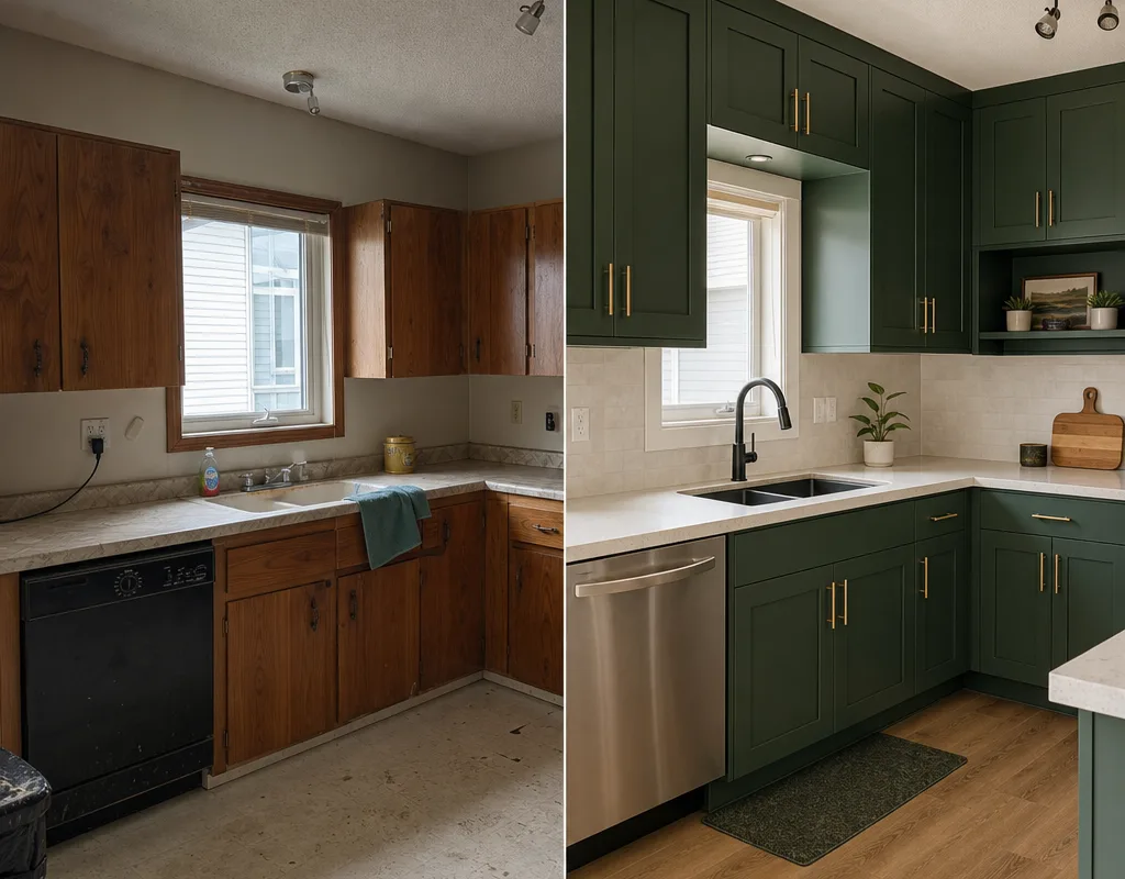 Before and after of a Regina kitchen wall with new upper and lower cabinets, improved storage, and a cleaner sink layout