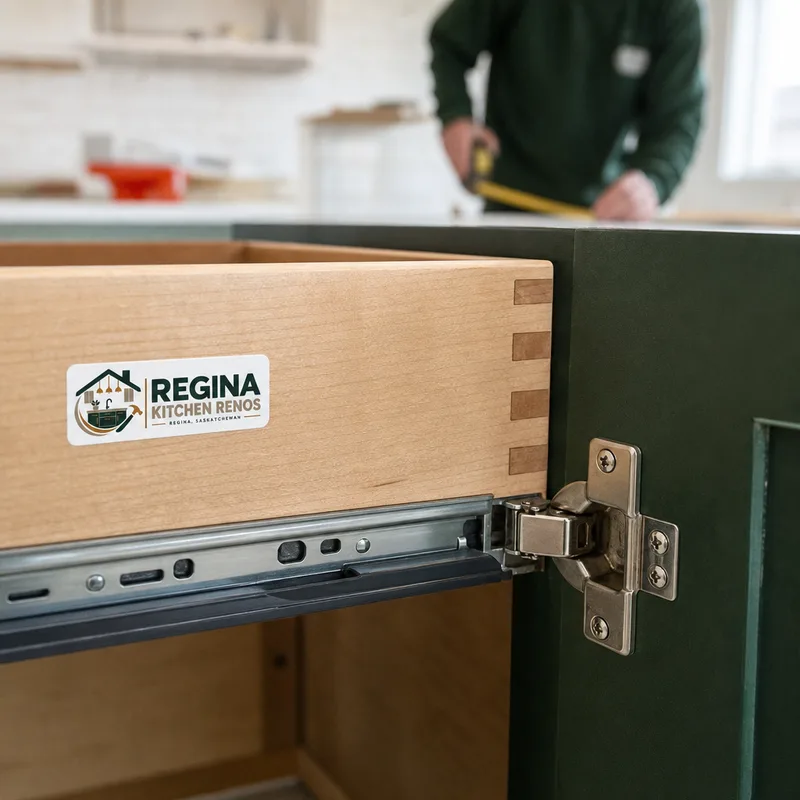 Close-up of a cabinet drawer box, full-extension soft-close slide, strong joinery, and adjustable door hinge