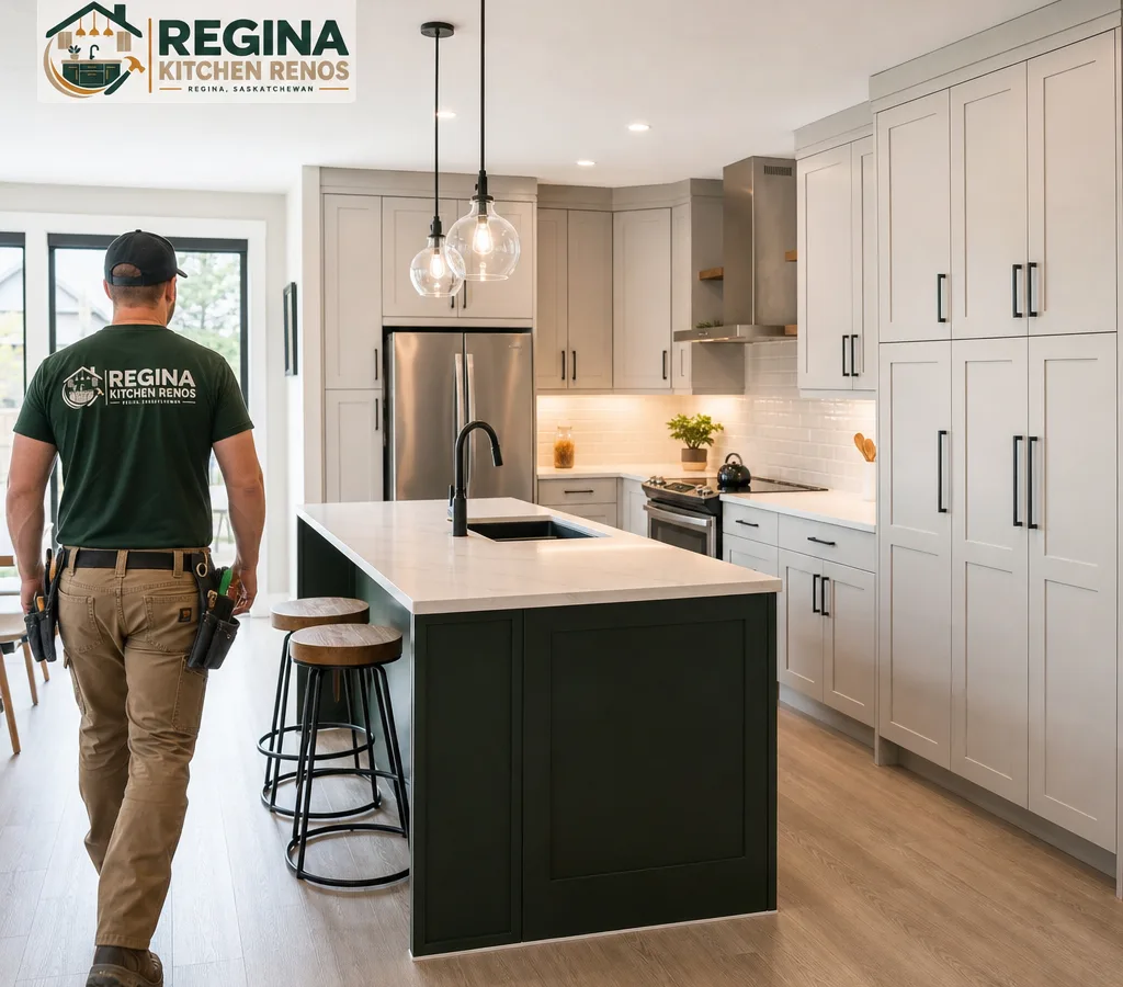 Finished Regina kitchen with a new cabinet run, island, pantry wall, aligned doors and drawers, and under-cabinet lighting
