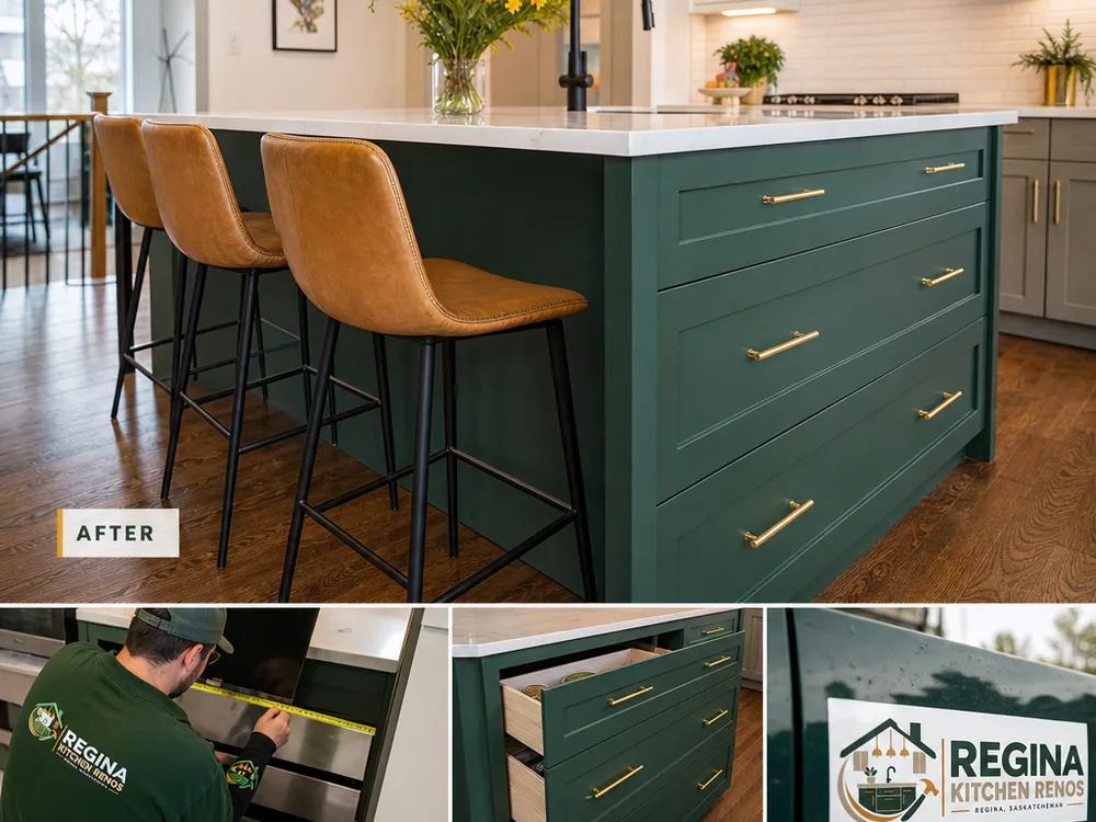 Kitchen island cabinetry with deep drawers, a finished back panel, and seating clearance