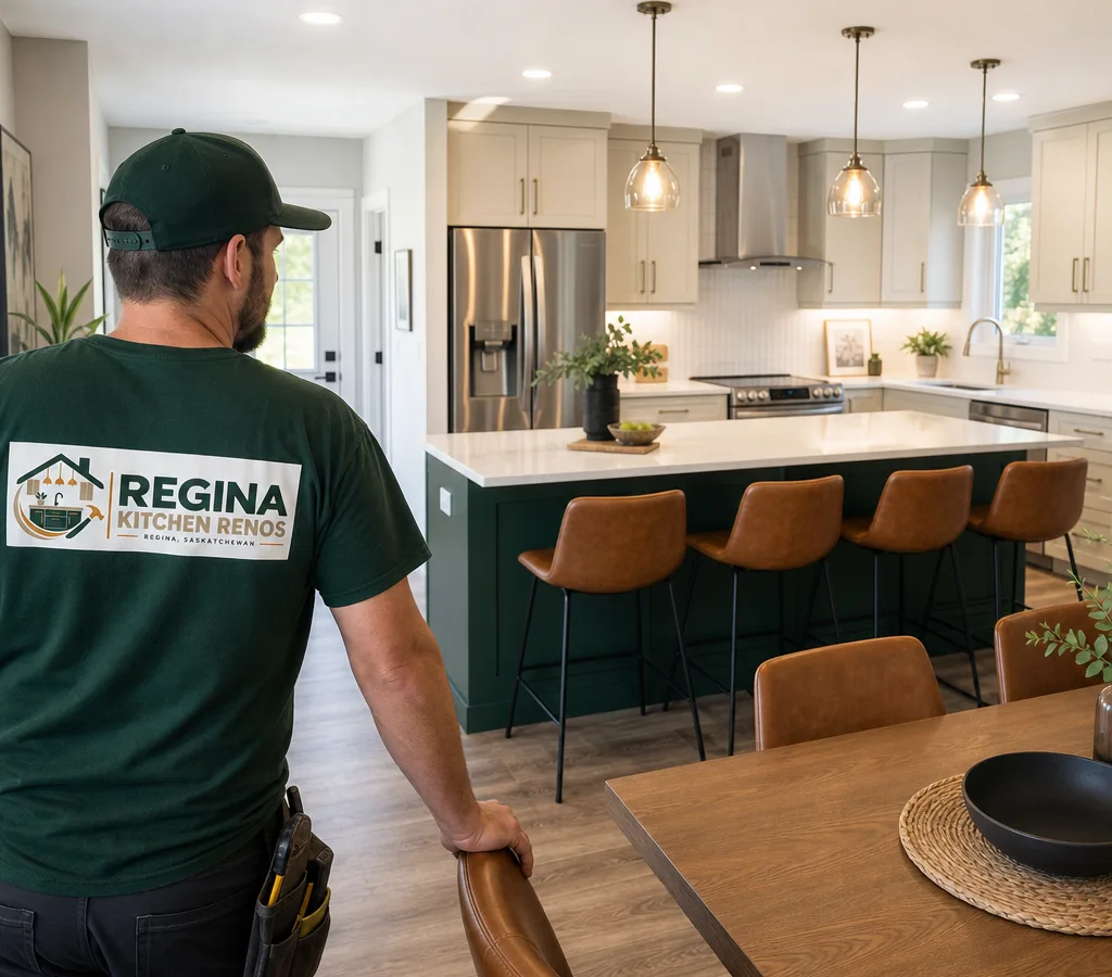 Bright finished Regina kitchen renovation with new cabinetry, island, lighting, and durable flooring