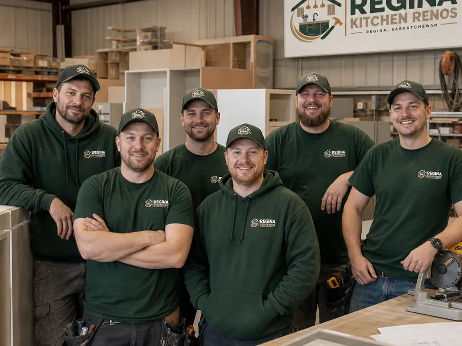 Regina Kitchen Renos team in a workshop with cabinet boxes and tools